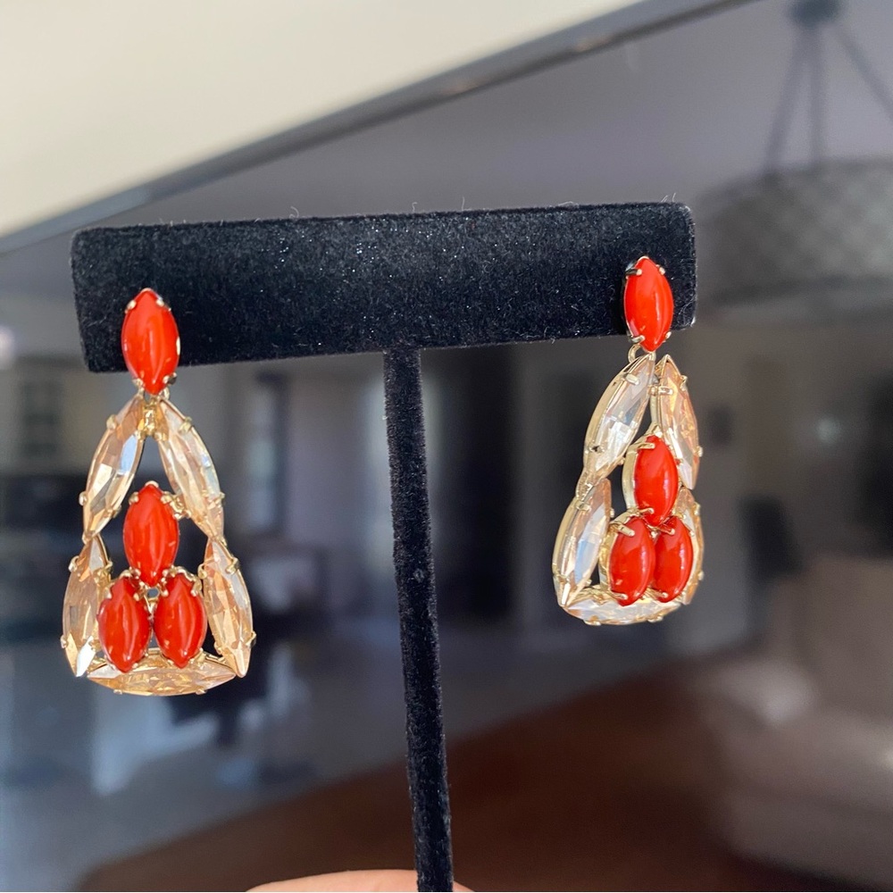 Elegant Vintage Red Coral and Gold crystal Drop Earrings